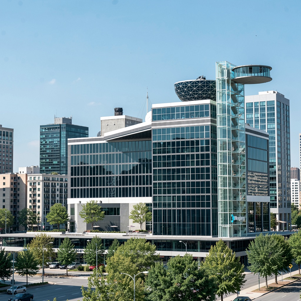 Concepto de vertipuerto modular sobre un edificio de oficinas en el centro de una ciudad